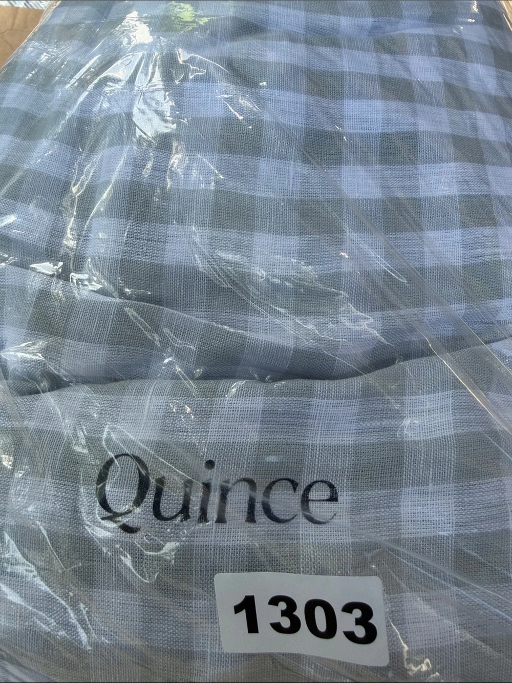 Quince European Linen Duvet Cover Set in Blue Fog Gingham Queen Size 1338